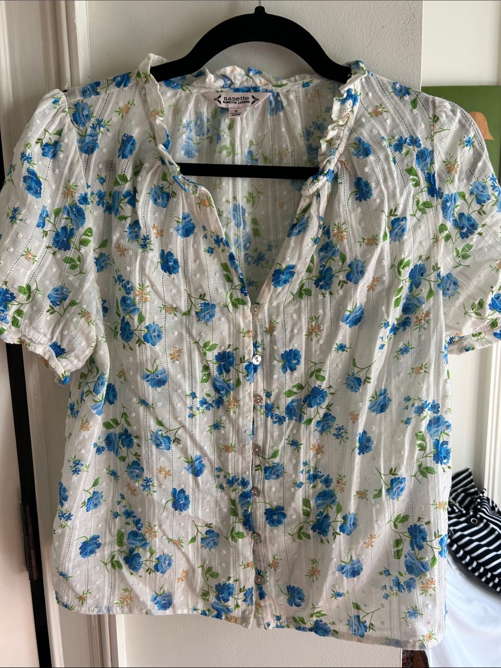 Nanette Lepore White Blue Floral Ruffle-Trim Button Front Blouse
